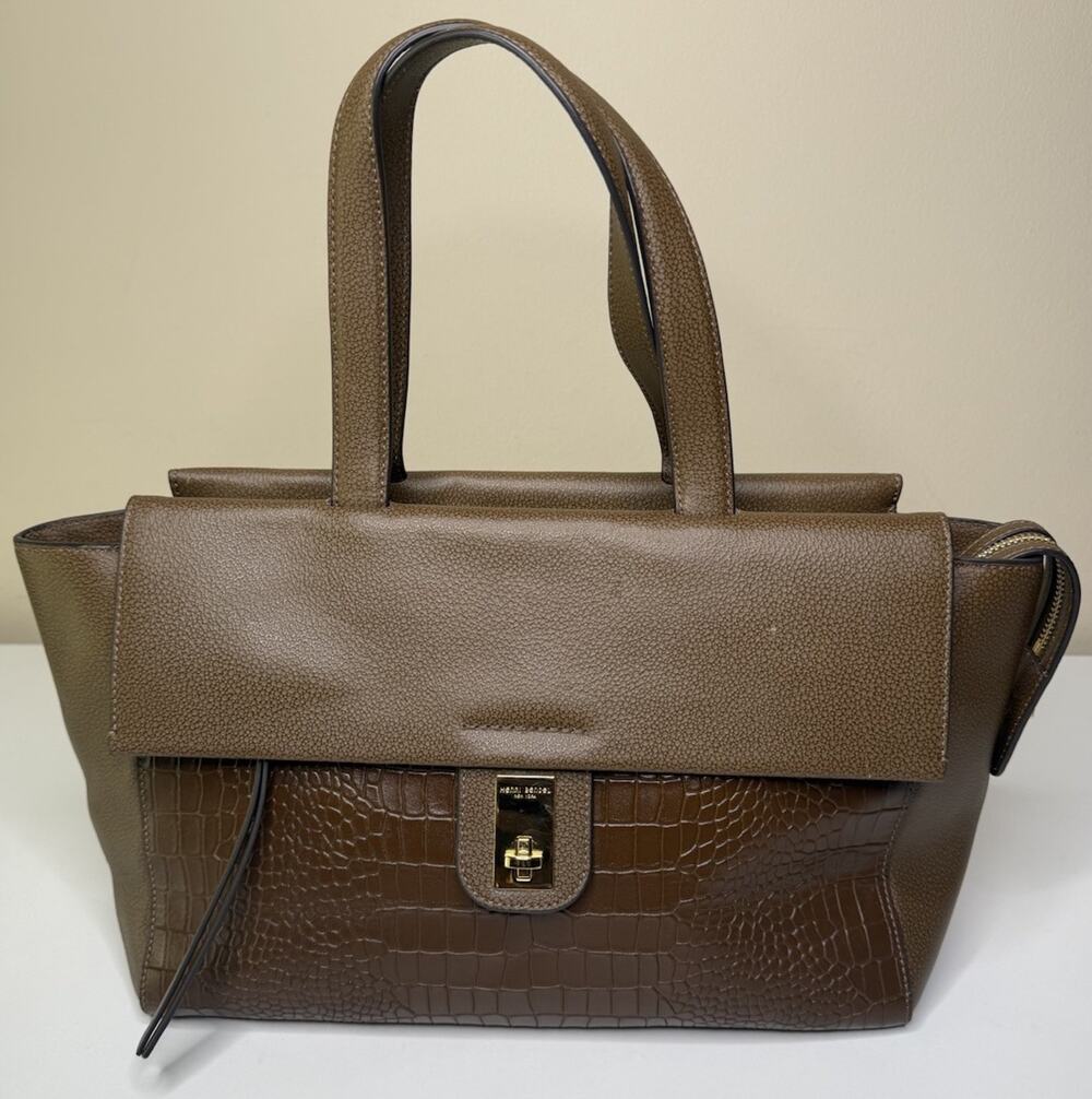 Henri Bendel Satchel Large Croc Embossed Olive Brown Leather Dual Handle Zip Bag